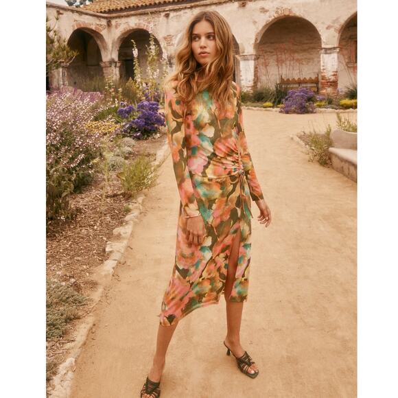 Rails Mona Terra Floral Stretch Sheer Mesh Mock Turtleneck Midi Dress Size Small - Picture 5 of 6